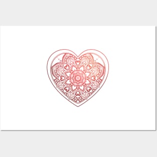 Heart in Mandala and Red zentangle patterns Posters and Art